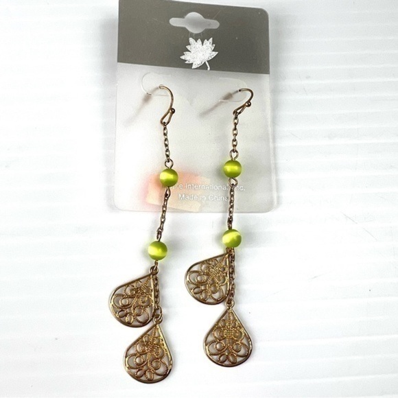 Maple International Dangle Earrings Bronze and Green - Picture 1 of 5